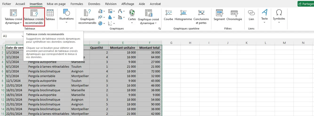 Choisir un tableau Excel dynamique predefinis figure 1